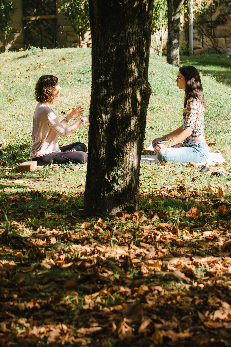 professeure de yoga et son élève en train de méditer, un arbre les sépare.